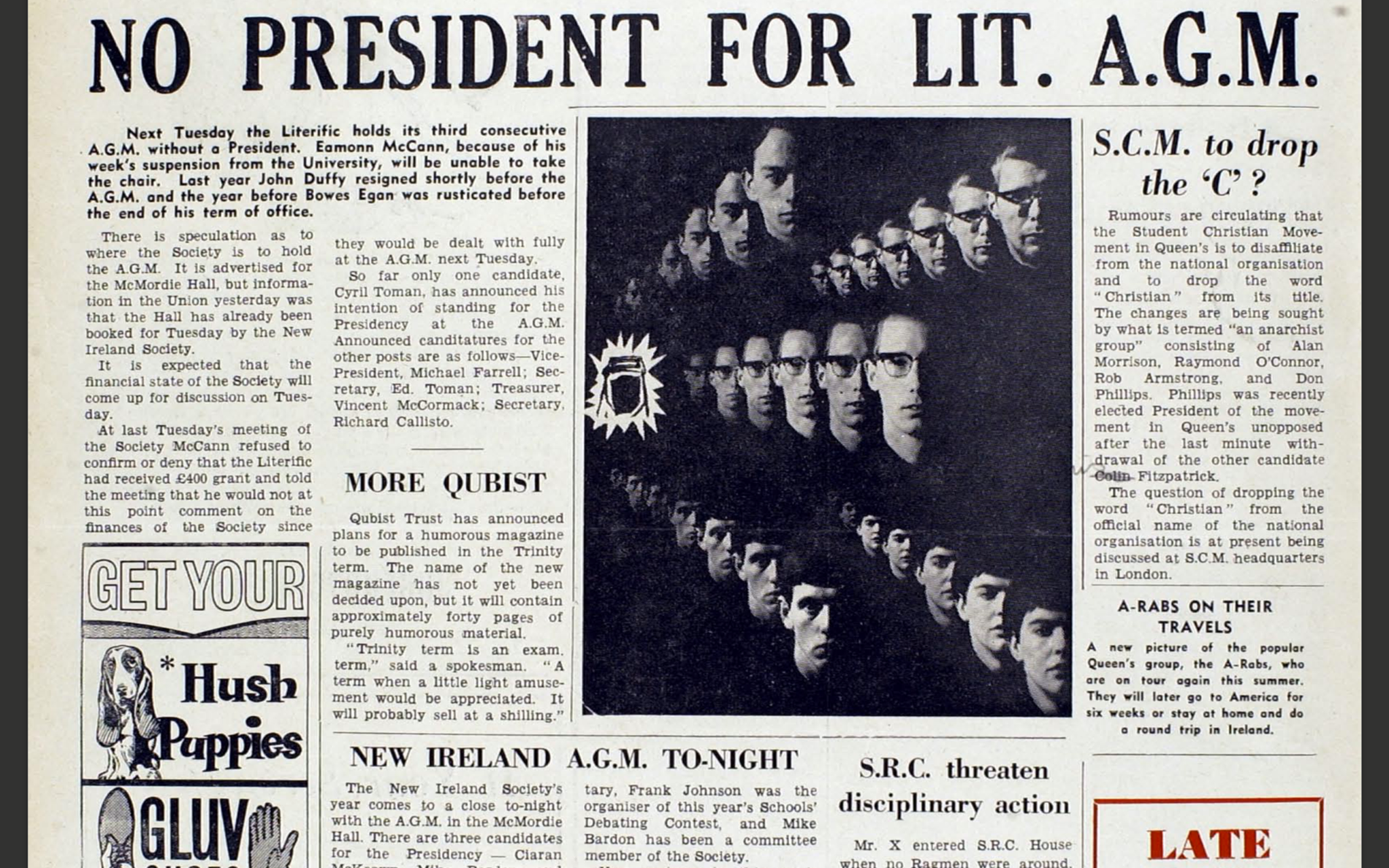 An Extract from "The Gown", noting that Eamonn McCann has been suspended, leading to the Literific will not have a President for the third year running.